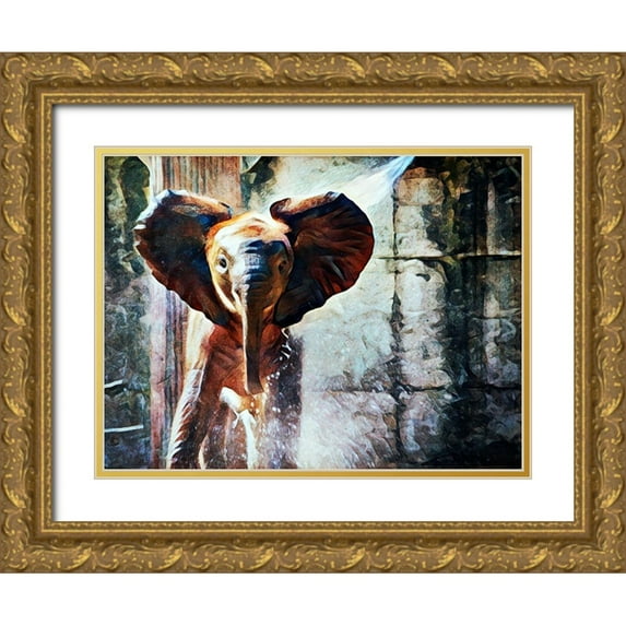 Aldridge, Ashley 32x25 Gold Ornate Wood Framed with Double Matting Museum Art Print Titled - Baby African Elephant Hose Down