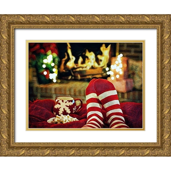 Aldridge, Ashley 32x25 Gold Ornate Wood Framed with Double Matting Museum Art Print Titled - Christmas Feet By The Fire