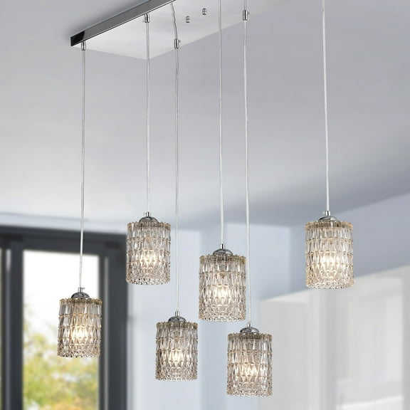 Aldubon Chrome 6-Light Chandelier with Diamond Crystal Shades (Adjustable Height)