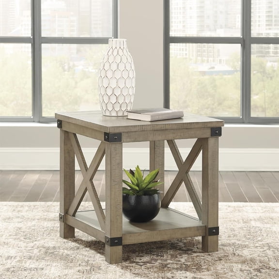 Aldwin Casual Farmhouse Rectangular End Table with Crossbuck Details, Metal Bracket Accents, Wood, 25 High, Weathered Gray
