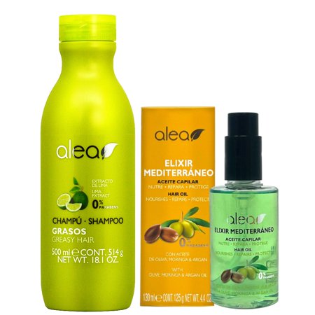 Alea Gleasy Hair Shampoo 18.1oz + Elixir Mediterraneo 4.4oz w Processing Caps