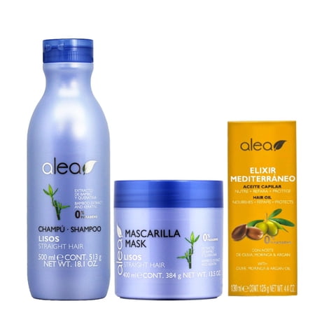 Alea Straight Hair Shampoo 18.1oz + Mask 13.5oz + Elixir Mediterraneo 4.4oz w Processing Caps