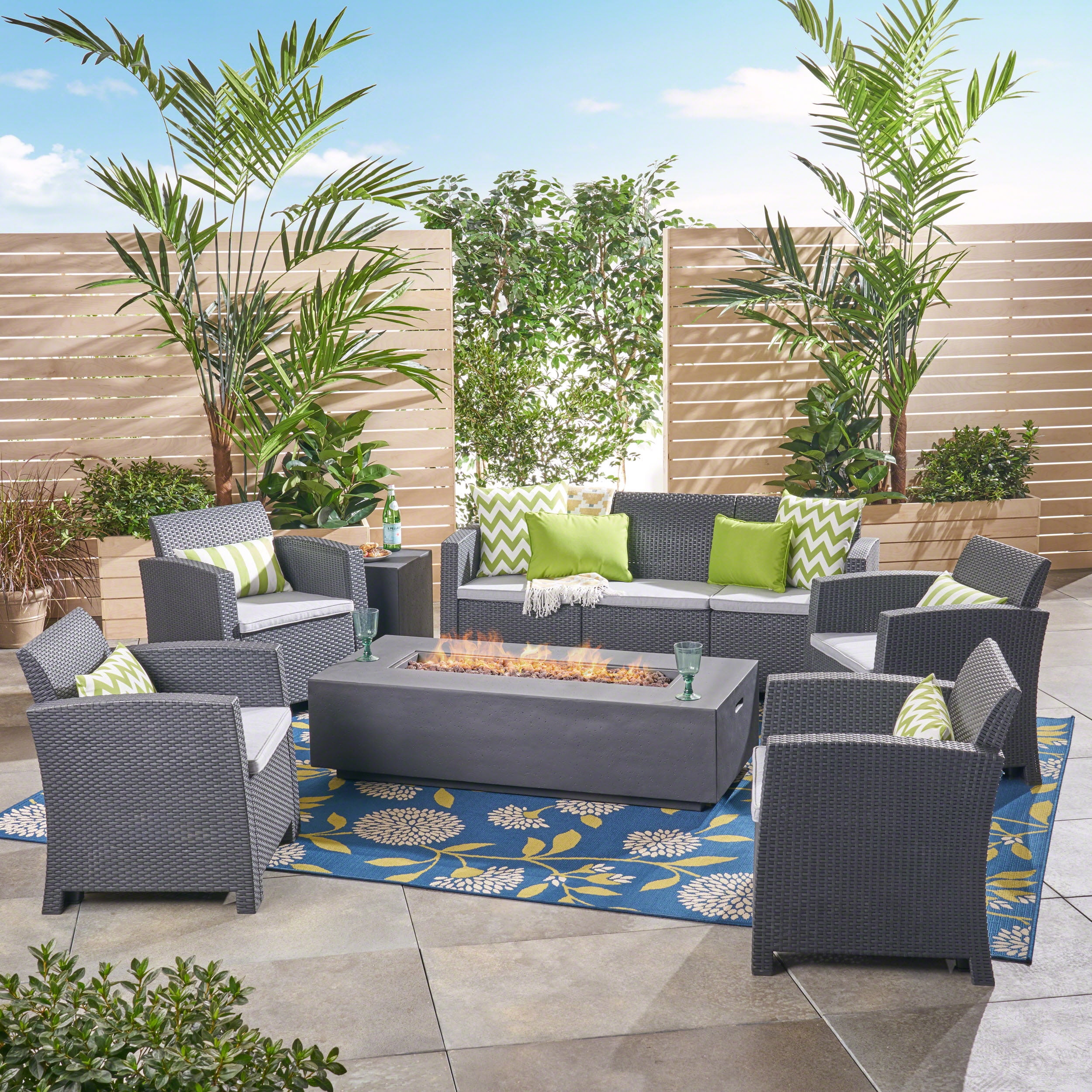 Aleah Outdoor 7 Piece Wicker Chat Set with Fire Pit and Tank Holder Gray Dark Gray