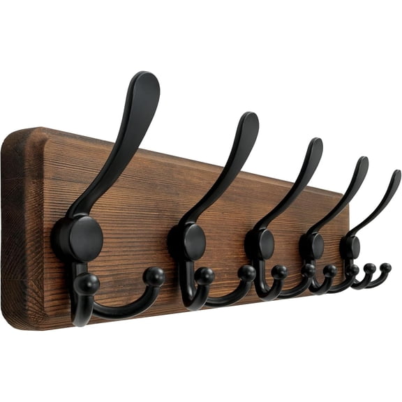 Alease Coat Rack Wall Mounted - 5 Tri Hooks, Heavy Duty, Wooden Wall Coat Hanger Coat Hook for Clothes Hat Jacket Clothing, Natural & Black