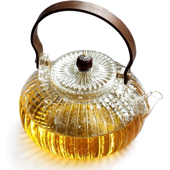 Alease Glass Pumpkin Teapot, 30 oz / 900 ml Borosilicate Glass Tea Kettle with Handle, Stovetop Safe Tea Maker, Transparent Tea Pot for Loose Leaf Tea, Blooming Tea