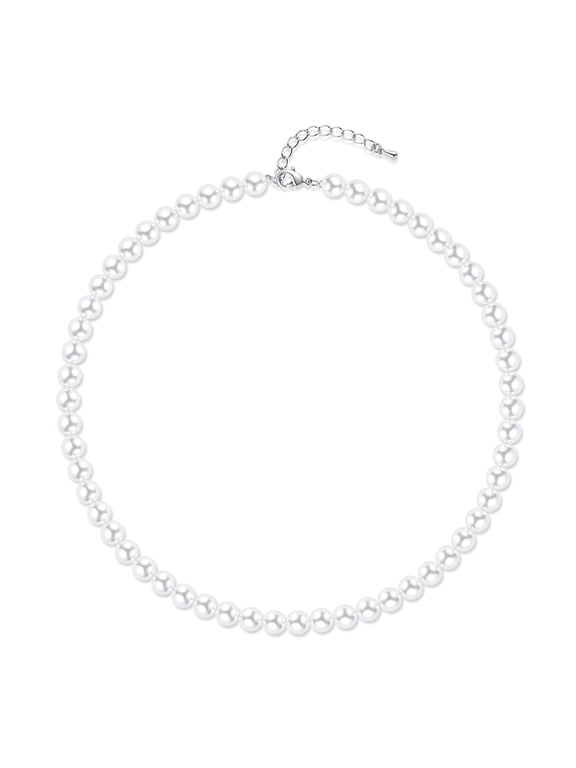 16" 8mm Pearl Necklace for Women Round White Faux Pearl Strand Wedding Jewelry Gift (8mm,16", White)