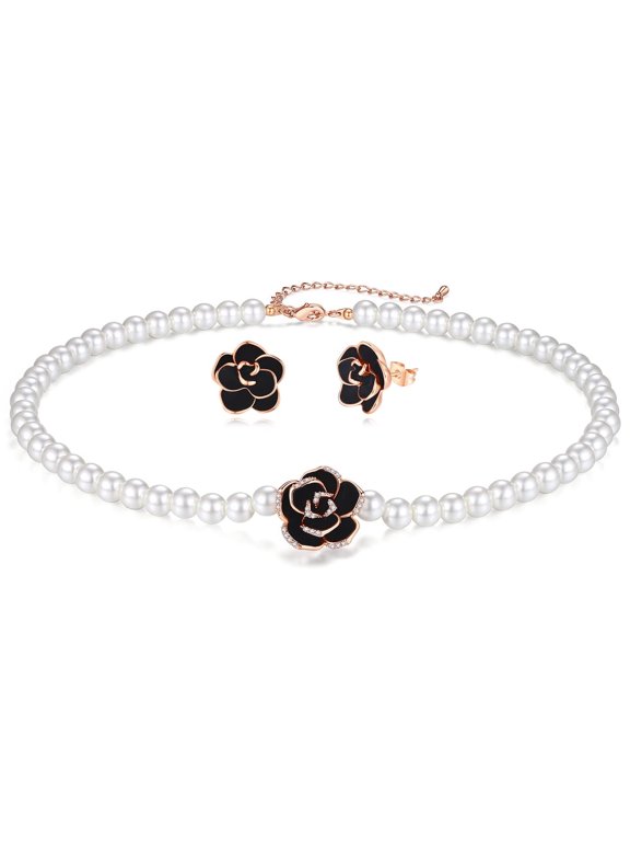 Flower Pearl Necklace Set Black Rose Earrings for Women White Shell Pearl Strand Jewelry Gifts(Rose Gold Set)