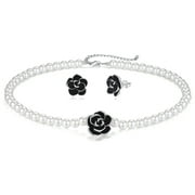 ALEASHA Flower Pearl Necklace Set Black Rose Earrings for Women White Shell Pearl Strand Jewelry Gifts