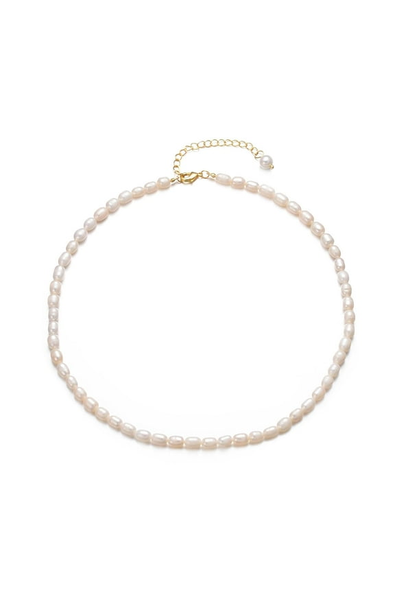 Freshwater Rice Pearl Necklace for Women White 4mm Pearl Choker Strand 15" Handmade Necklace Jewelry Gifts