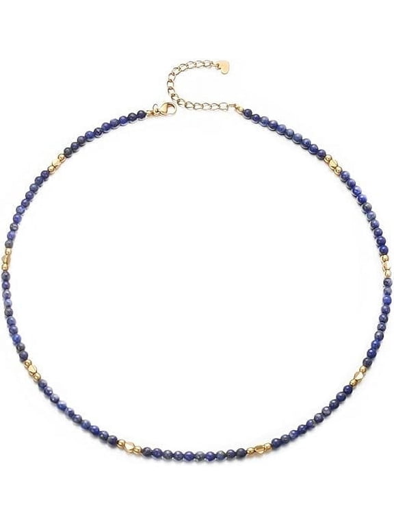Lapis Lazuli Necklace Boho Blue Stone Beaded Choker Necklace for Women September Birthstone Handmade Summer Jewelry