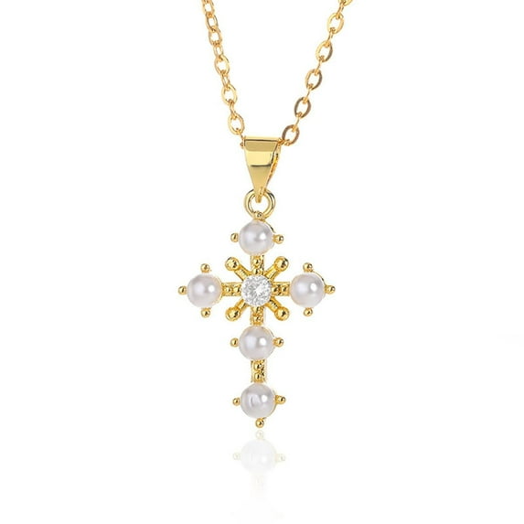 Aleasha Pearl Cross Necklace for Women Small Faux Pearl Cubic Zirconia Gold Pendant Necklace 18" Jewelry Gifts