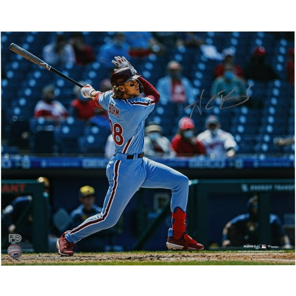 Alec Bohm Philadelphia Phillies Autographed 16" x 20" Swinging Bat Light Blue Jersey - Fanatics Authentic Certified