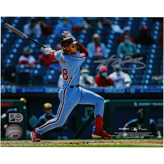 Alec Bohm Philadelphia Phillies Autographed 8" x 10" Swinging Bat Light Blue Jersey - Fanatics Authentic Certified