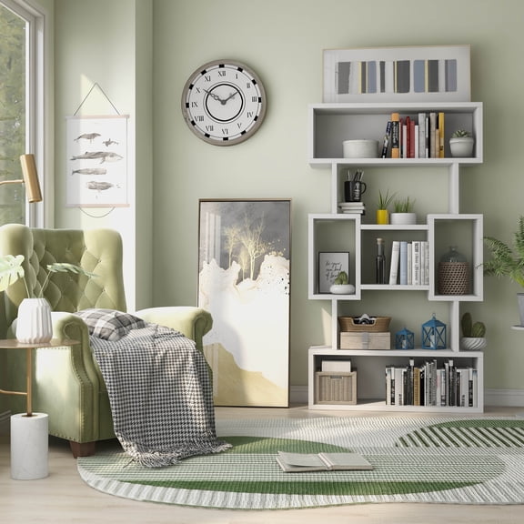 Aled 7-Shelf Wood Open Bookcase, White