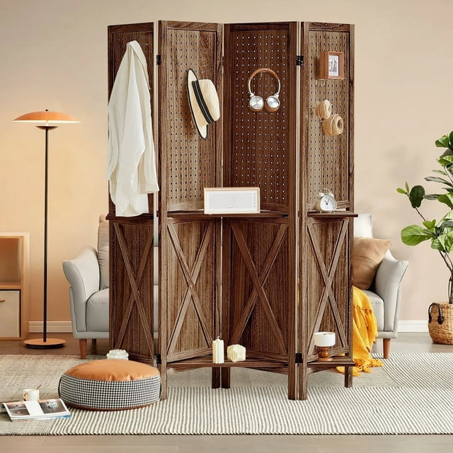 Aletheiawu 4 Panel Wood Pegboard Display with 16 Hooks, Fold Room Divider Wall, No Installation Required, Brown