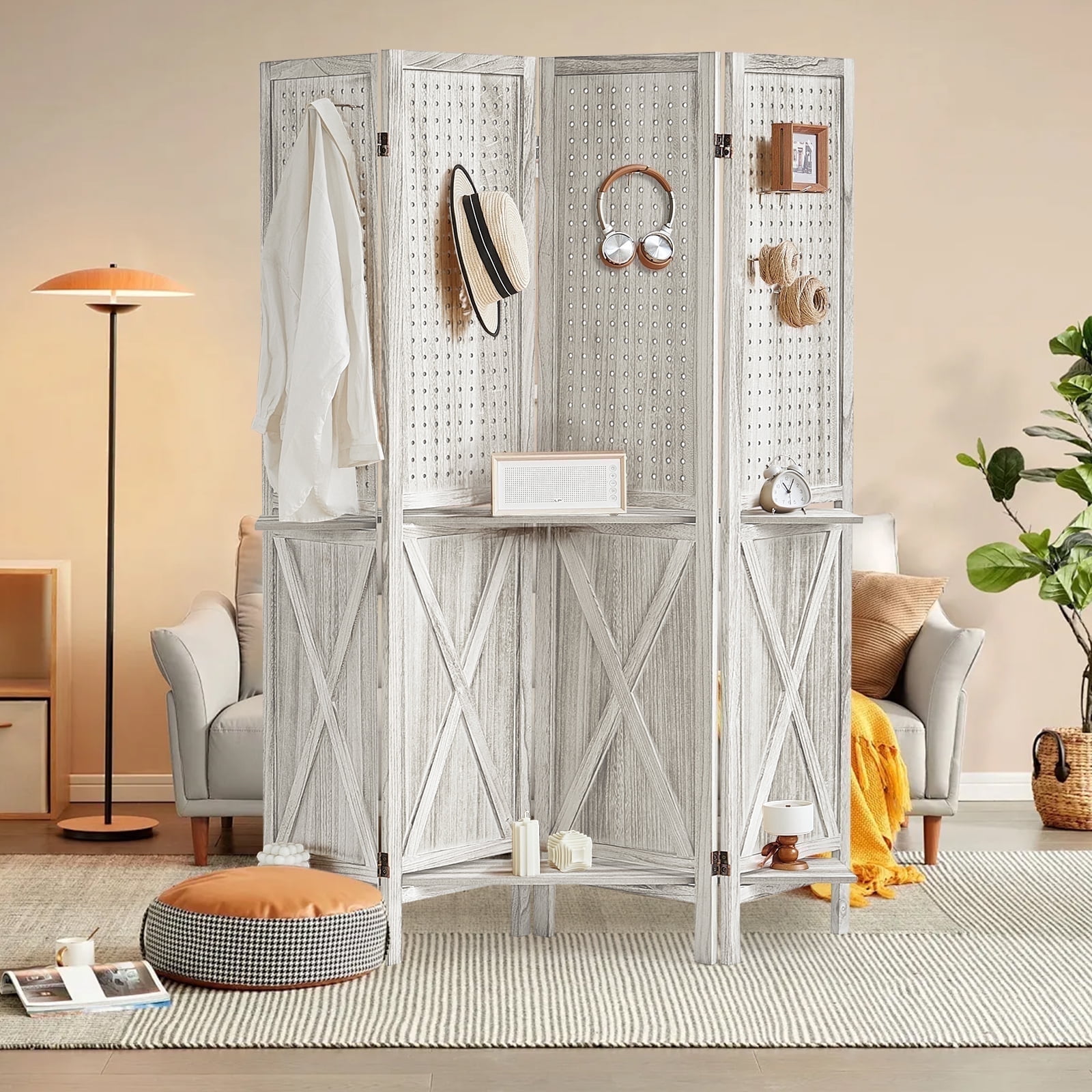 Aletheiawu 4 Panel Wood Pegboard Display with 16 Hooks, Wood Folding Room Divider, No Installation Required, White