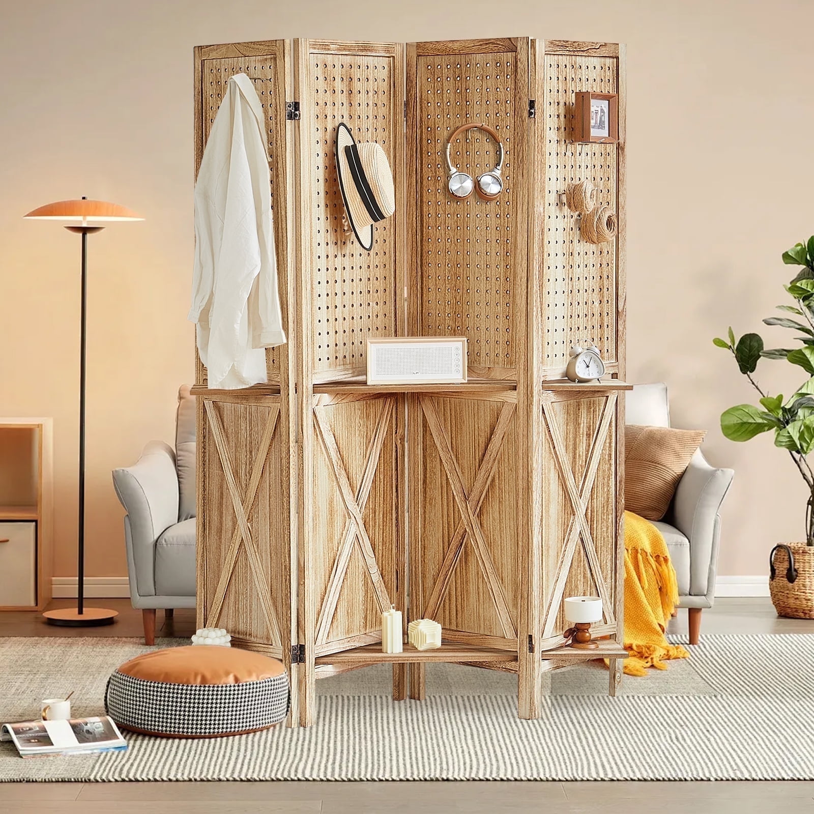 Aletheiawu 4 Panel Pegboard Display with 16 Hooks, Wood Folding Room Divider, No Installation Required, Brown