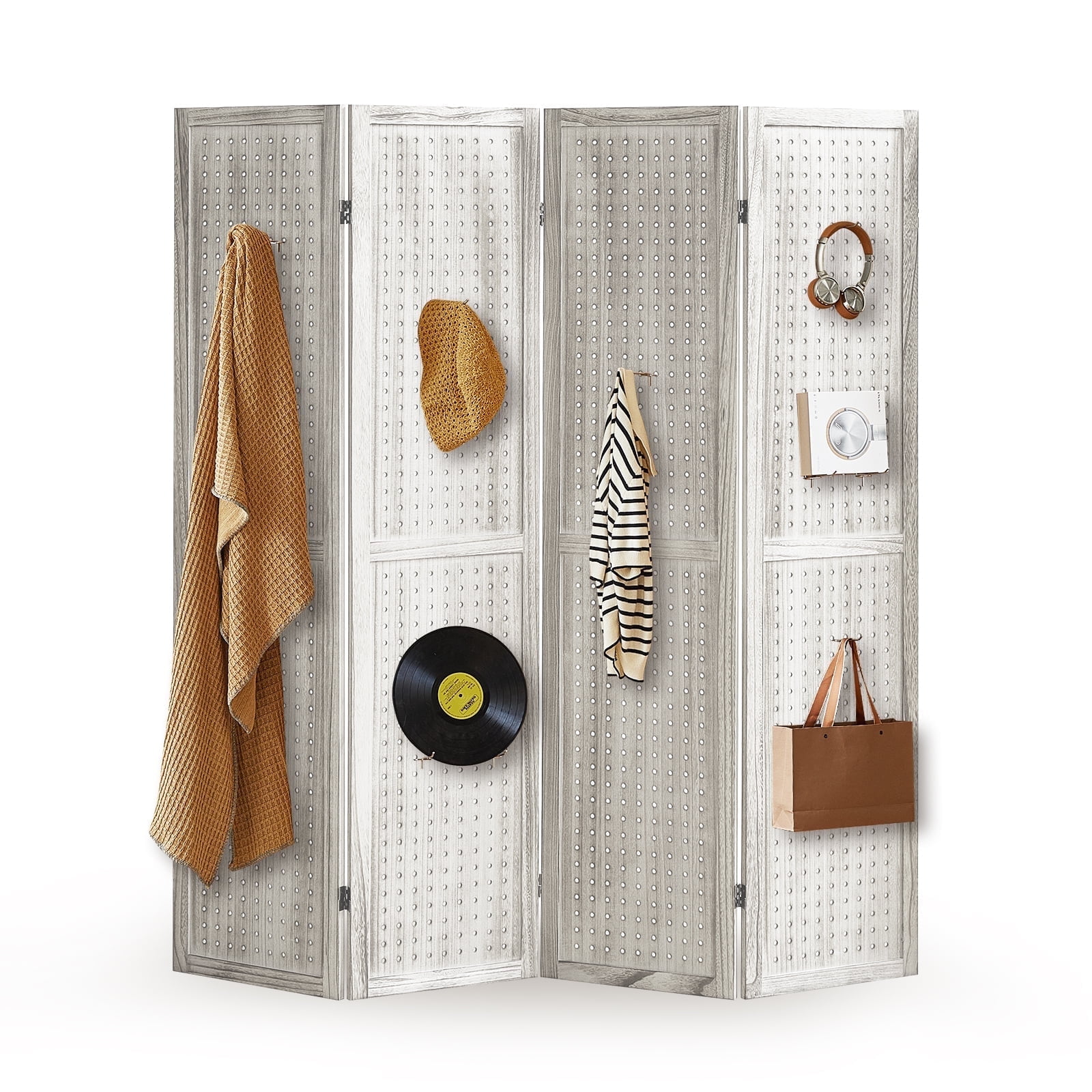 4 Panel Wooden Room Divider With Pegboard – Folding Privacy Screen For Bedroom, Office, Shop