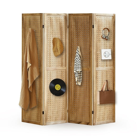 Aletheiawu 4 Panel Display with 16 Hooks, Wood Room Divider Wall, No Installation, Light Brown