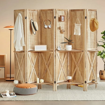 Aletheiawu 6 Panel Wood Display with 24 Hooks, Folding Room Divider, No Installation Require, Brown
