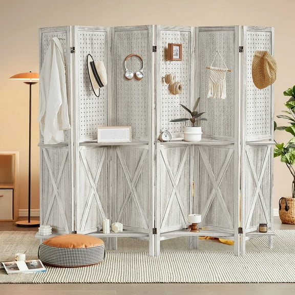 Aletheiawu 6 Panel Wood Display with 24 Hooks, Folding Room Divider, No Installation Require, White