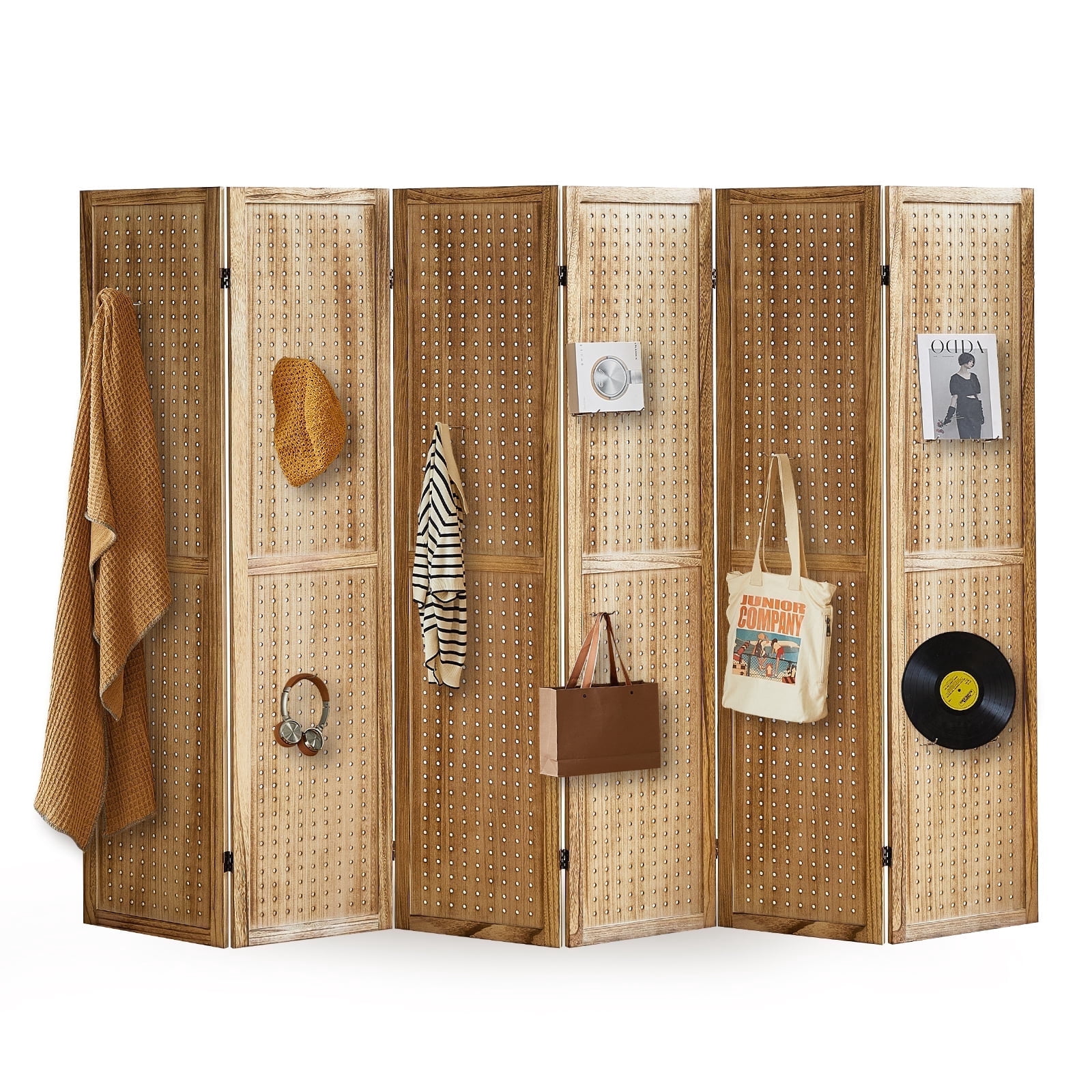Aletheiawu 6 Panel Display with 24 Hooks, Wood Room Divider Wall, No Installation, Light Brown