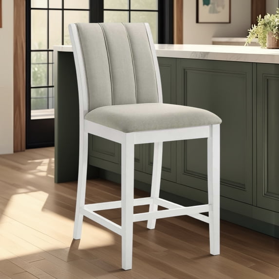 Armen living Nolan 26 in. Matte White Counter Height Rubberwood Barstool with Fog Fabric Seat