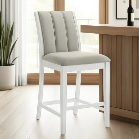 Armen living Nolan 30 in. Matte White Bar Height Rubberwood Barstool with Fog Fabric Seat Fabric Seat
