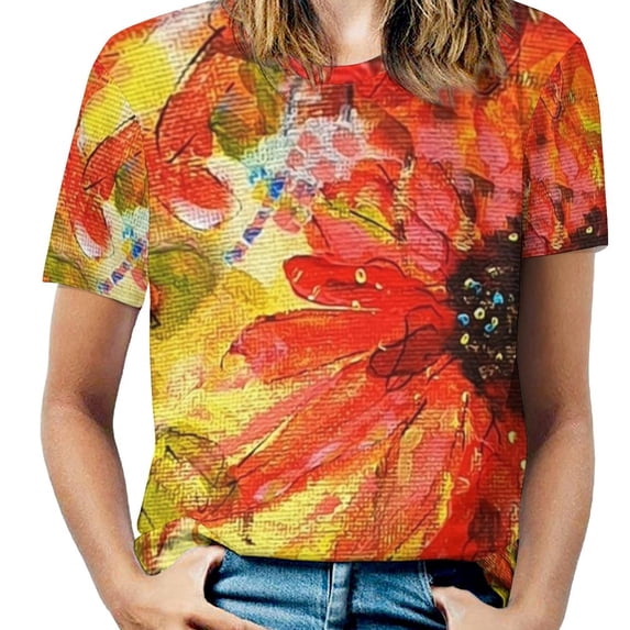 Alegria : Happiness & Joy Ruffle Short Sleeve T-Shirt Women'S V Neck Sexy Printed T Shirt Tops Happy Joy Happiness Flower Red