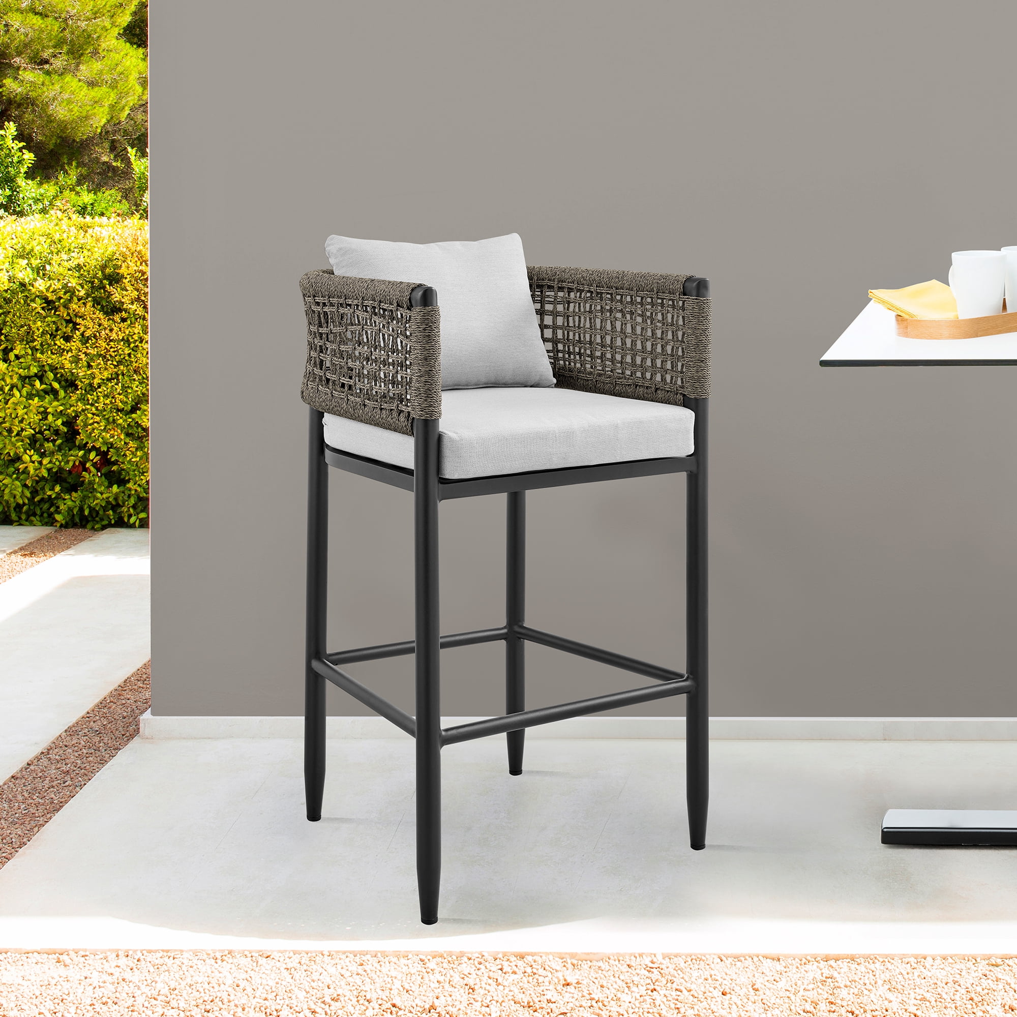 Alegria Outdoor Patio Bar Stool in Aluminum with Gray Rope and Cushions - Set of 2