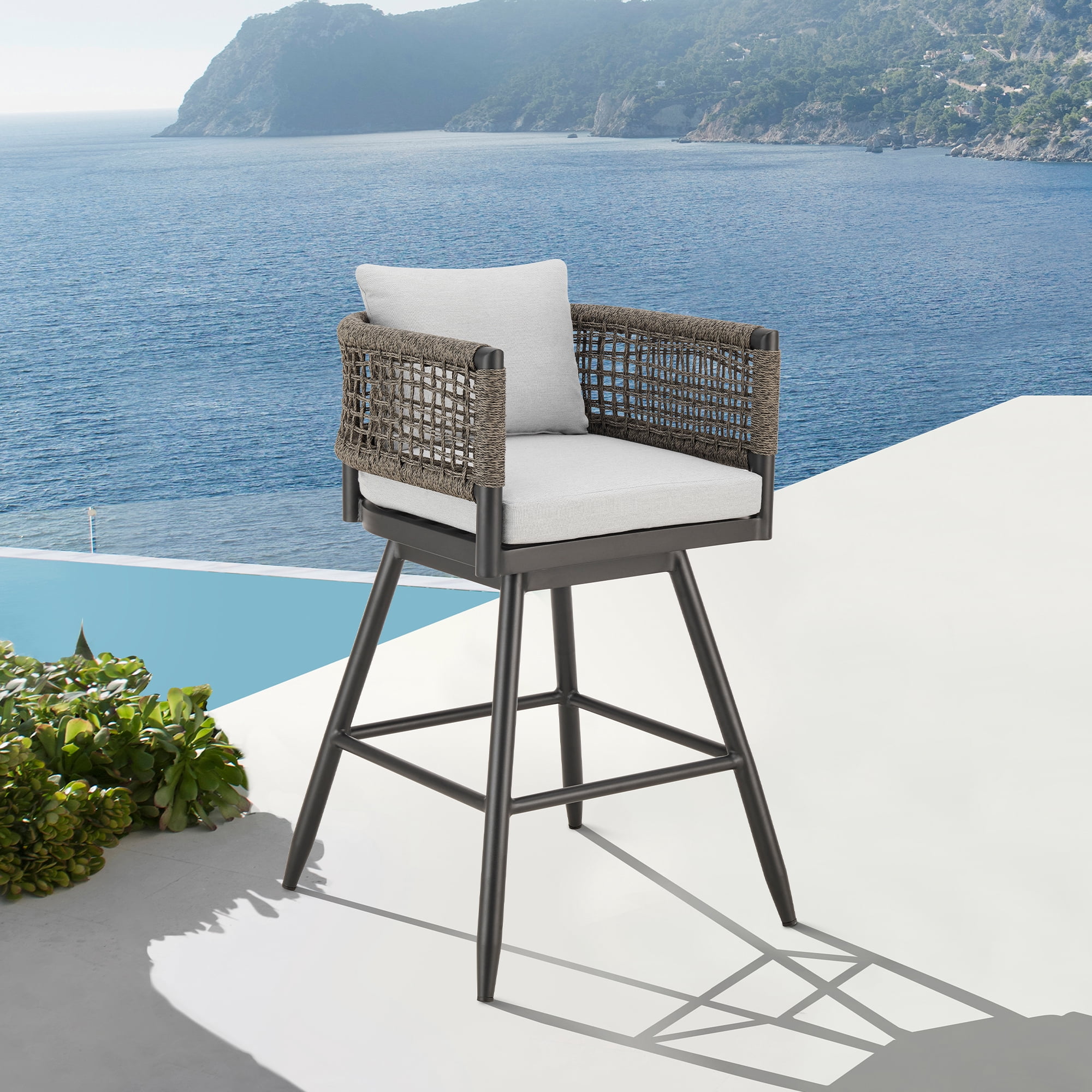 Alegria Outdoor Patio Swivel Bar Stool in Aluminum with Gray Rope and Light Gray Cushions - Set of 2