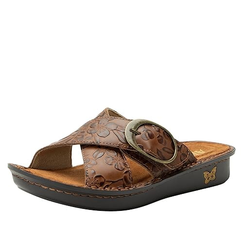 Loretta Brown Genuine Leather Slide Sandals with Buckle