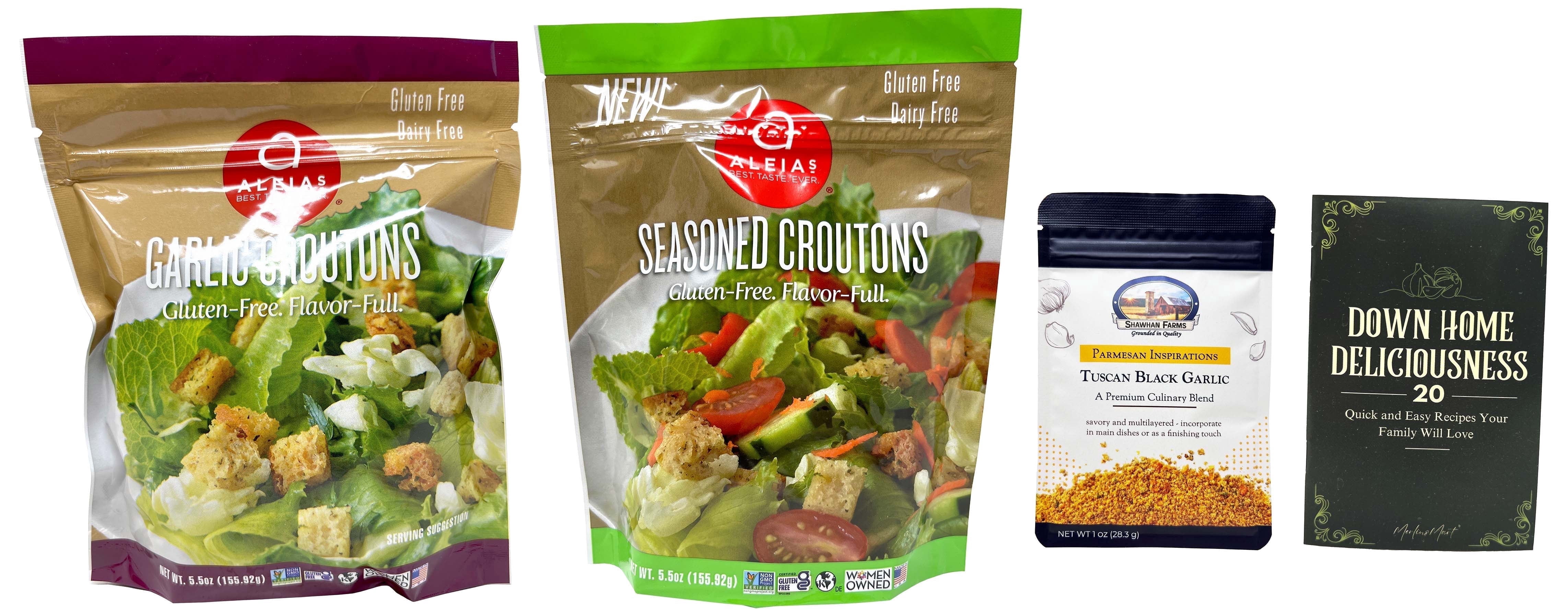 Gluten-Free Croutons - 2 Flavors - 1 Each: Seasoned, Garlic (5.5 oz) | Shawhan Farms Parmesan + MerlinsMart Zine | Aleia's