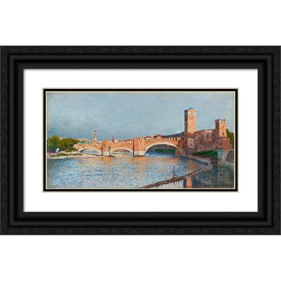 Aleksander Gierymski 18x11 Black Ornate Wood Framed Double Matted Museum Art Print Titled - Scaliger Bridge in Verona (1900)