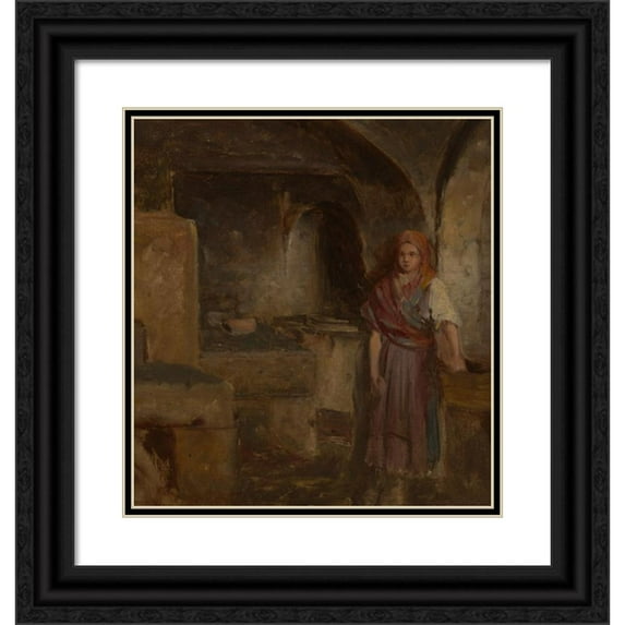 Aleksander Kotsis 12x13 Black Ornate Wood Framed Double Matted Museum Art Print Titled: Girl in the Kitchen (1870-1875)