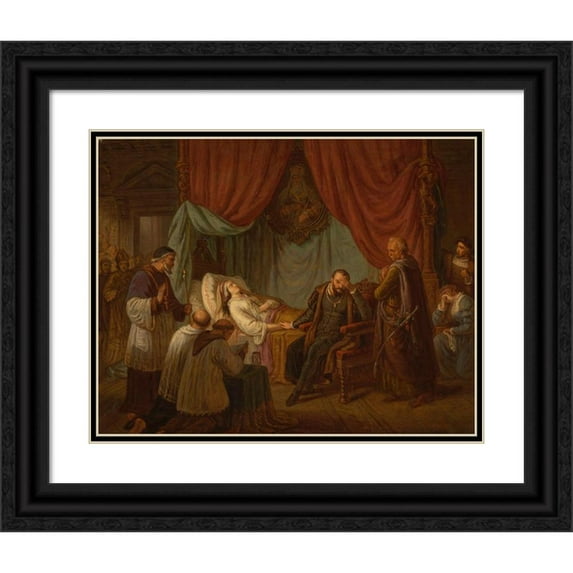 Aleksander Lesser 14x12 Black Ornate Wood Framed Double Matted Museum Art Print Titled: Death of Barbara Radziwiłł (1859)
