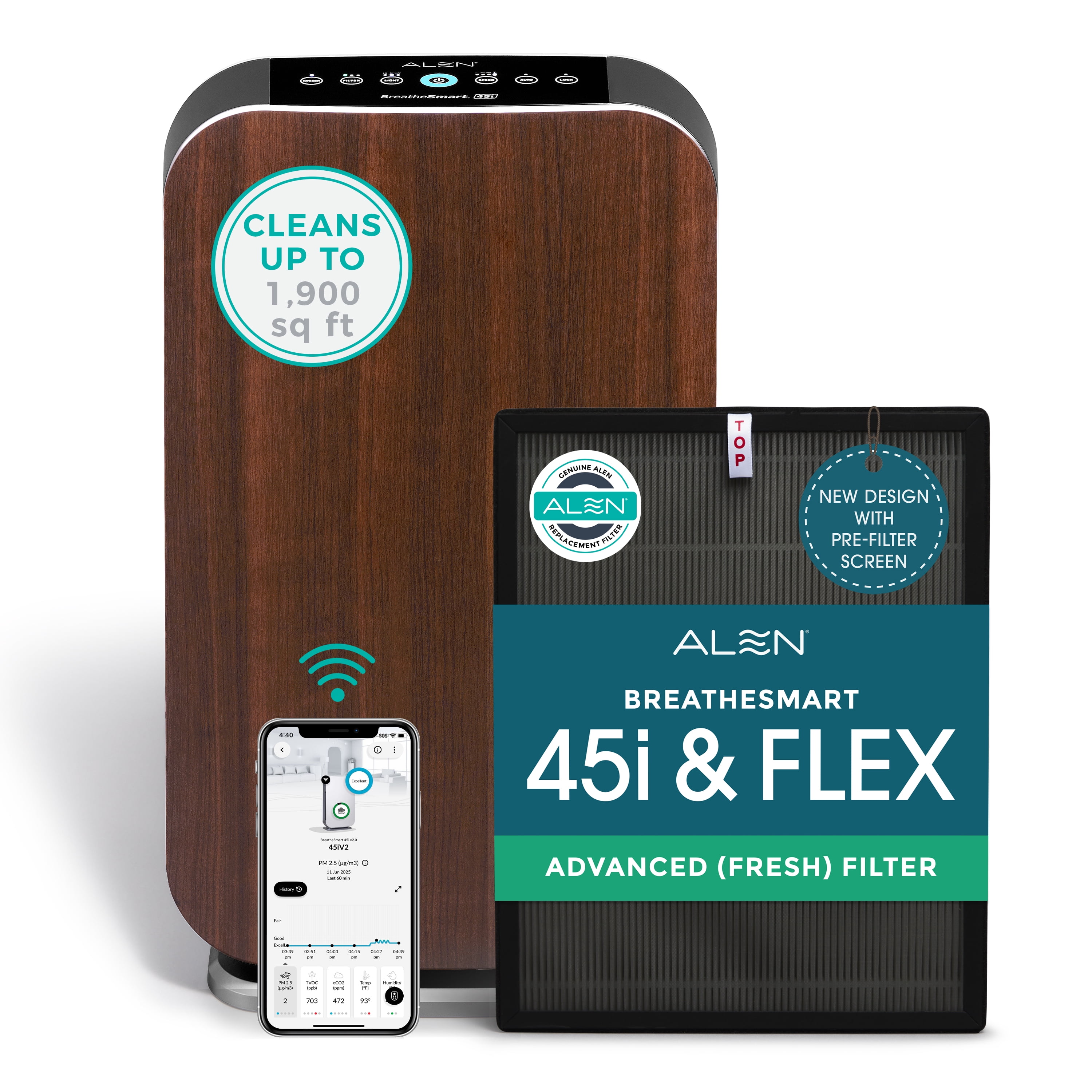 Alen Air Purifier BreatheSmart 45i HEPA with Advanced (Fresh) Filter + Carbon for Large Rooms up to 1900 Sq. Ft - Perfect for Bedrooms & Home Offices - Captures Dust + Household Odors & Smoke