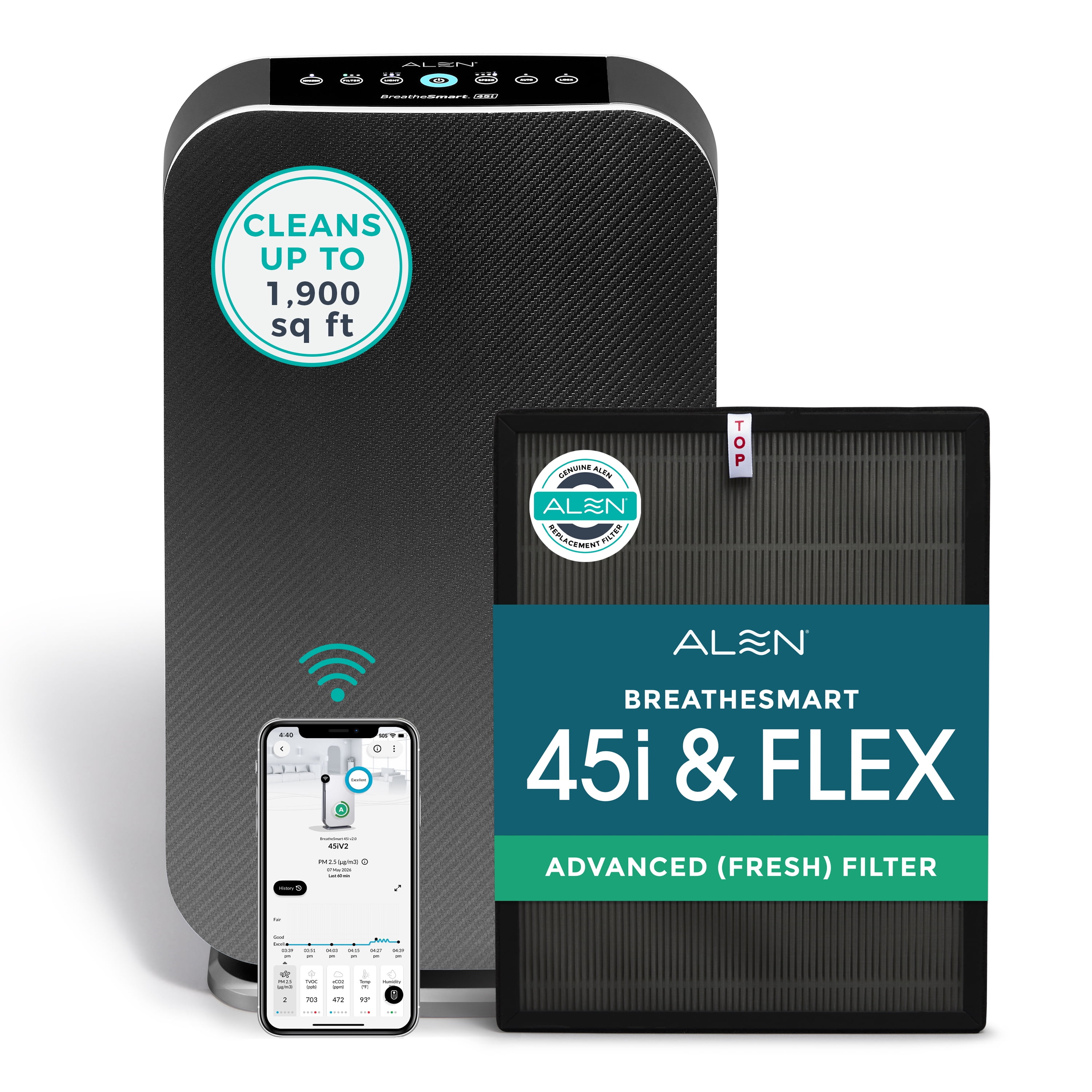 Alen Air Purifier BreatheSmart 45i HEPA with Advanced (Fresh) Filter for Large Rooms up to 1900 Sq. Ft - Perfect for Bedrooms & Home Offices - Captures Dust + Household Odors & Smoke