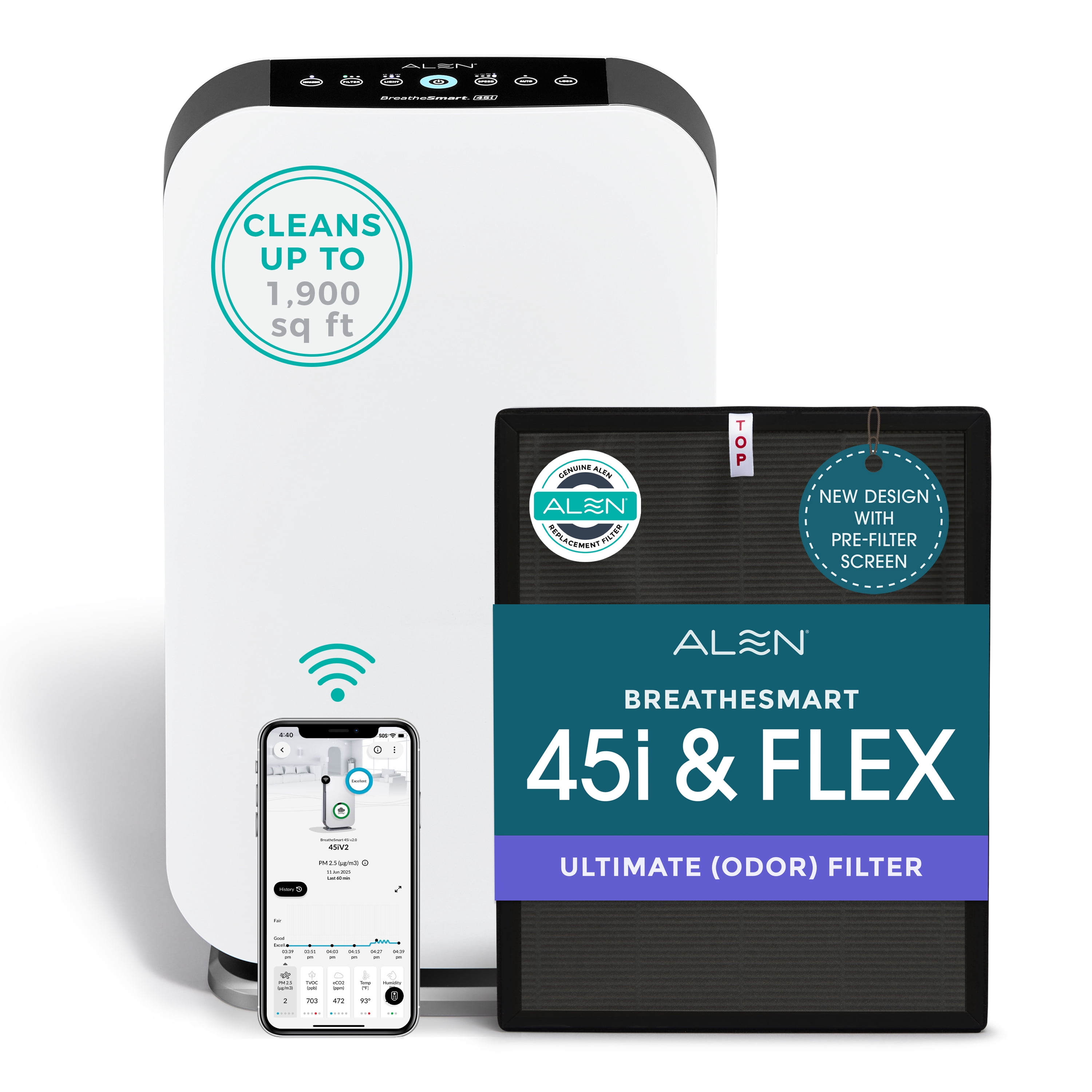 Alen Air Purifier BreatheSmart 45i HEPA with Ultimate (Odor) Filter for Large Rooms up to 1900 Sq. Ft. - Perfect for Bedrooms & Home Offices - Captures Dust - White