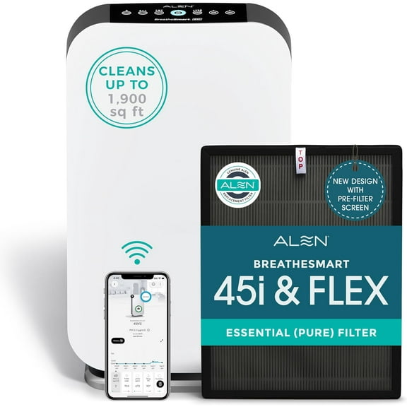 Alen Air Purifier BreatheSmart 45i HEPA with Pure Filter for Large Rooms |1900 Sq. Ft.| Perfect for Bedrooms & Home Offices - Captures Dust + Pet Dander & Household Odors - White