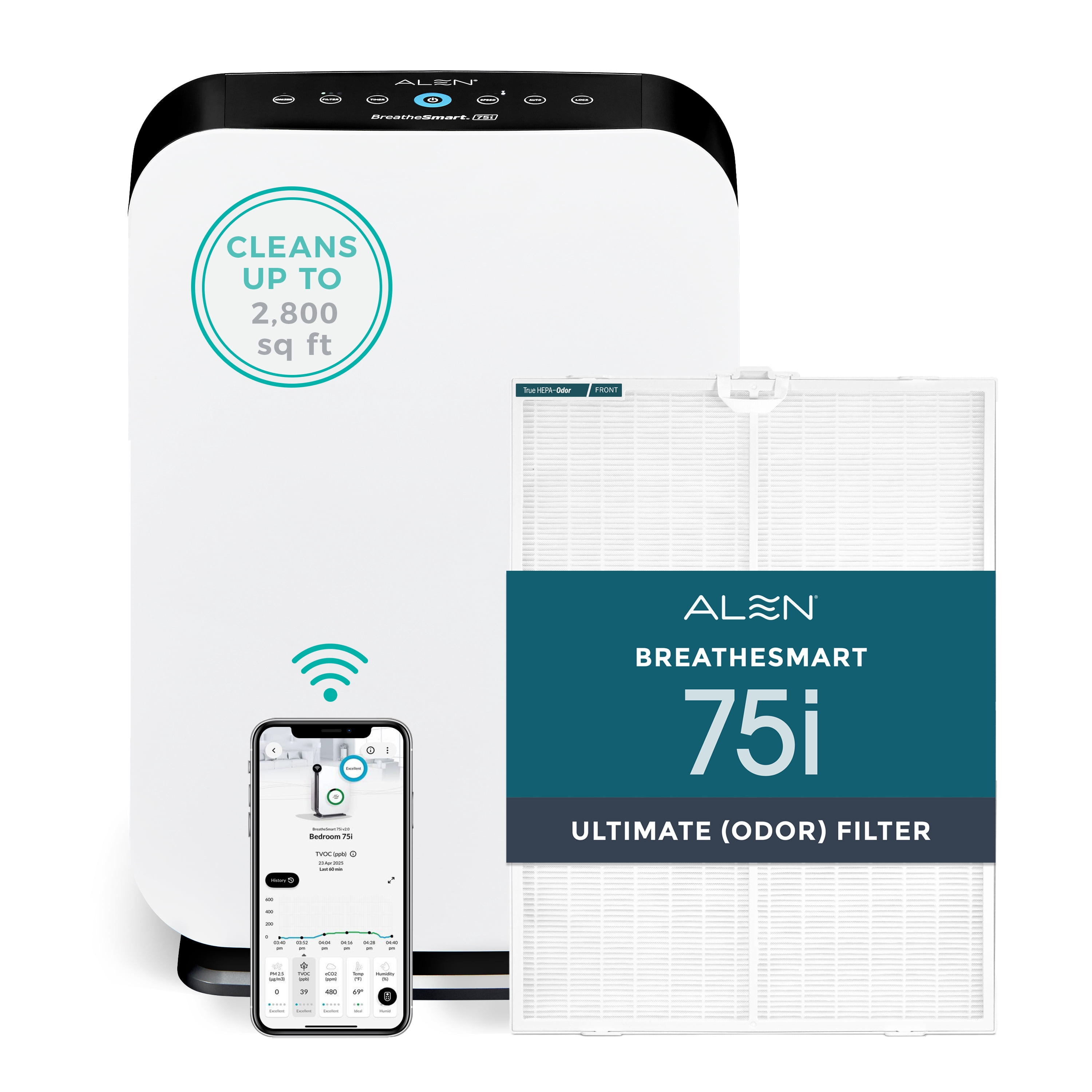 Alen Air Purifier BreatheSmart 75i HEPA w/ Ultimate (Odor) Filter for Large Rooms up to 2600 Sq. Ft. - Perfect for Living Room & Kitchen - Captures Allergens, Dust, & Mold - White