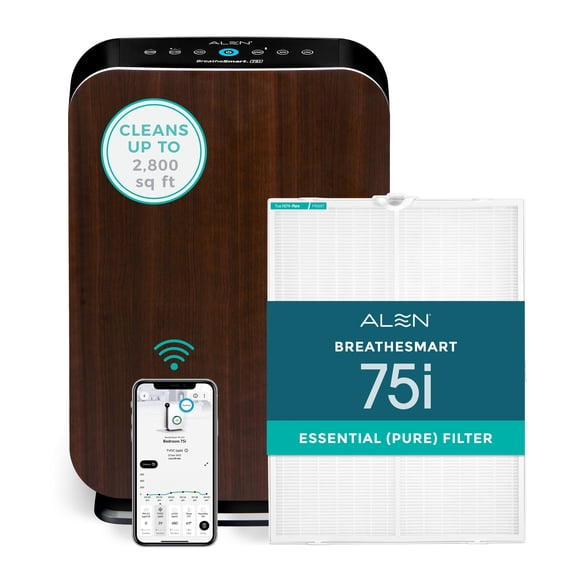 Alen Air Purifier BreatheSmart 75i HEPA w/ Essential (Pure) Filter for Large Rooms up to 2600 Sq. Ft. - Perfect for Living Room & Kitchen - Captures Allergens, Dust, & Mold - Espresso