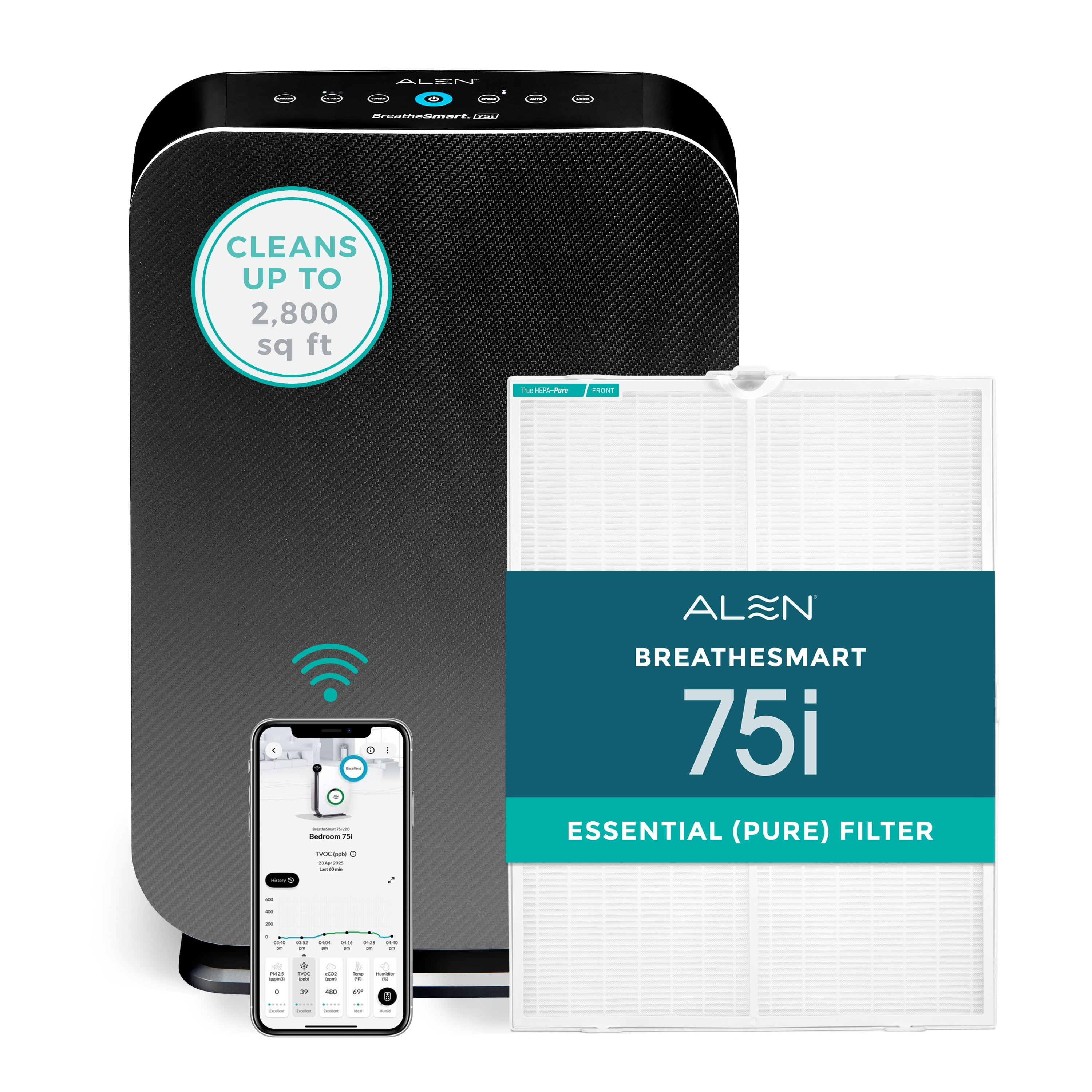 Alen Air Purifier BreatheSmart 75i HEPA w/ Essential (Pure) Filter for Large Rooms up to 2600 Sq. Ft. - Perfect for Living Room & Kitchen - Captures Allergens, Dust, & Mold - Graphite