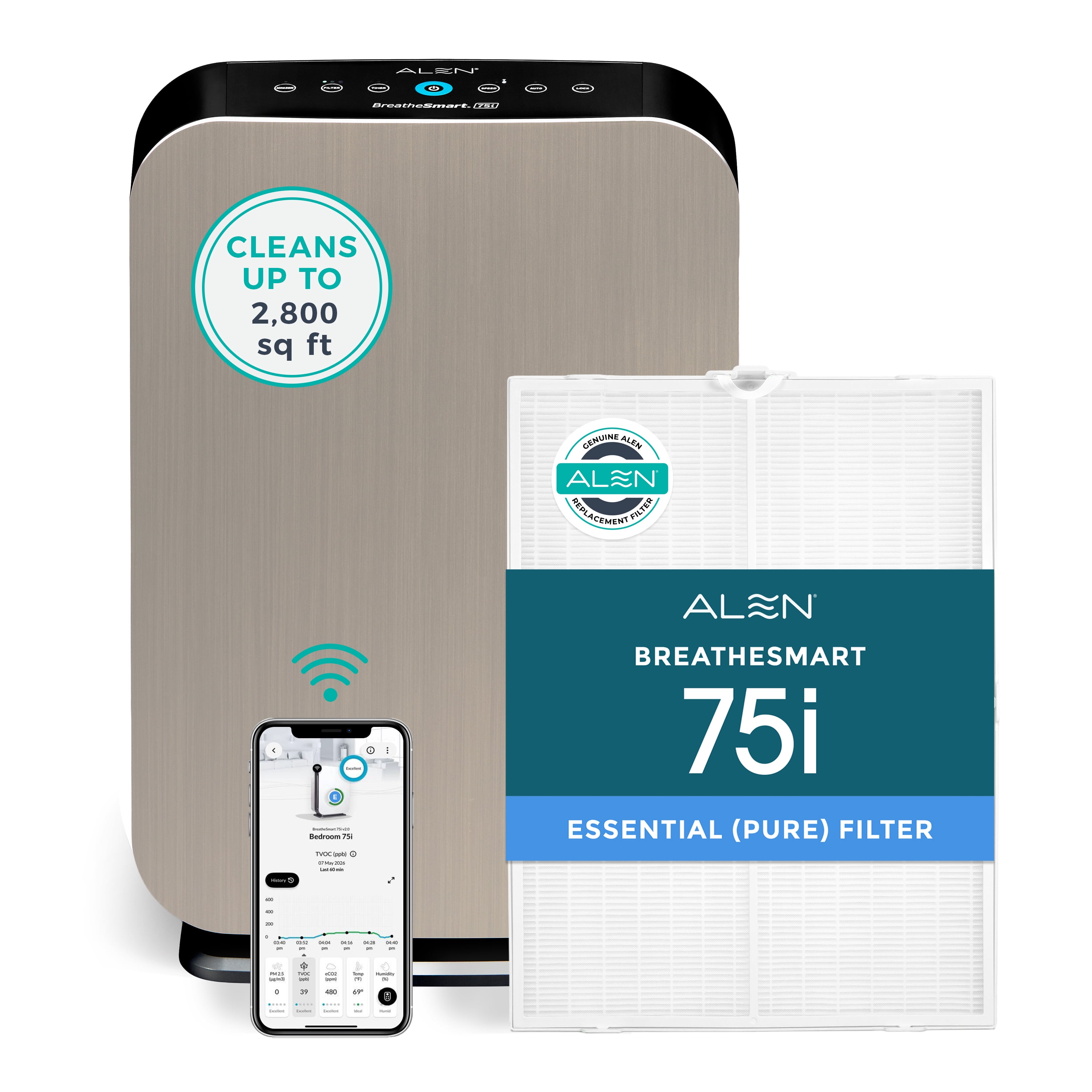 Alen Air Purifier BreatheSmart 75i HEPA w/ Essential (Pure) Filter for ...