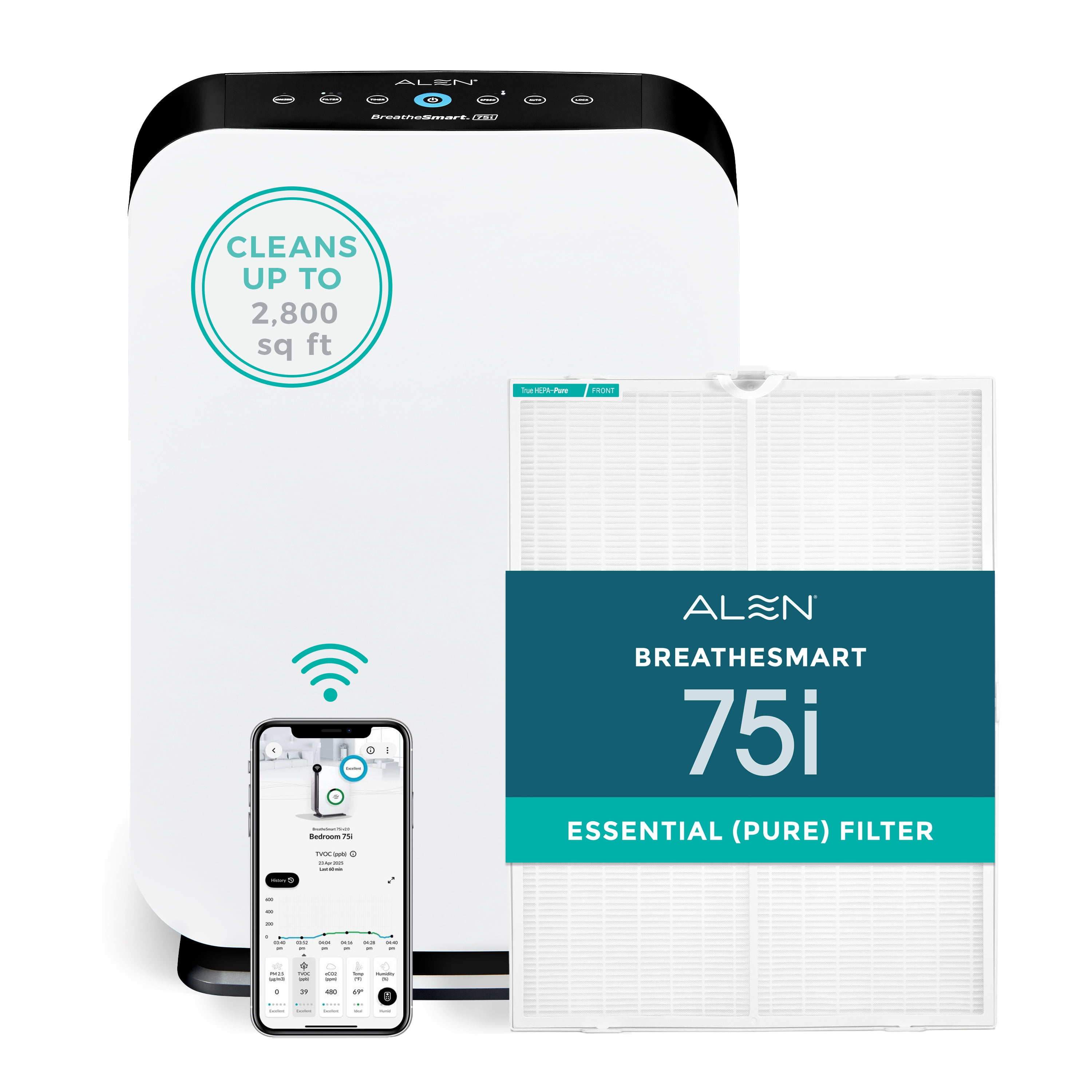 Alen Air Purifier BreatheSmart 75i w/ Essential (Pure) Filter for Large Rooms up to 2600 Sq. Ft. - Perfect for Living Room & Kitchen - Captures Allergens, Dust, & Mold - White