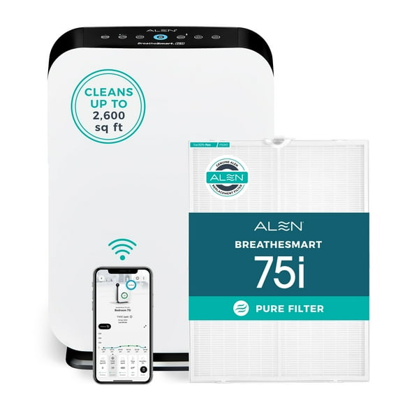Alen Air Purifier BreatheSmart 75i HEPA w/ Pure Filter for Large Rooms up to 2600 Sq. Ft. - Perfect for Living Room & Kitchen - Captures Allergens, Dust, & Mold - White