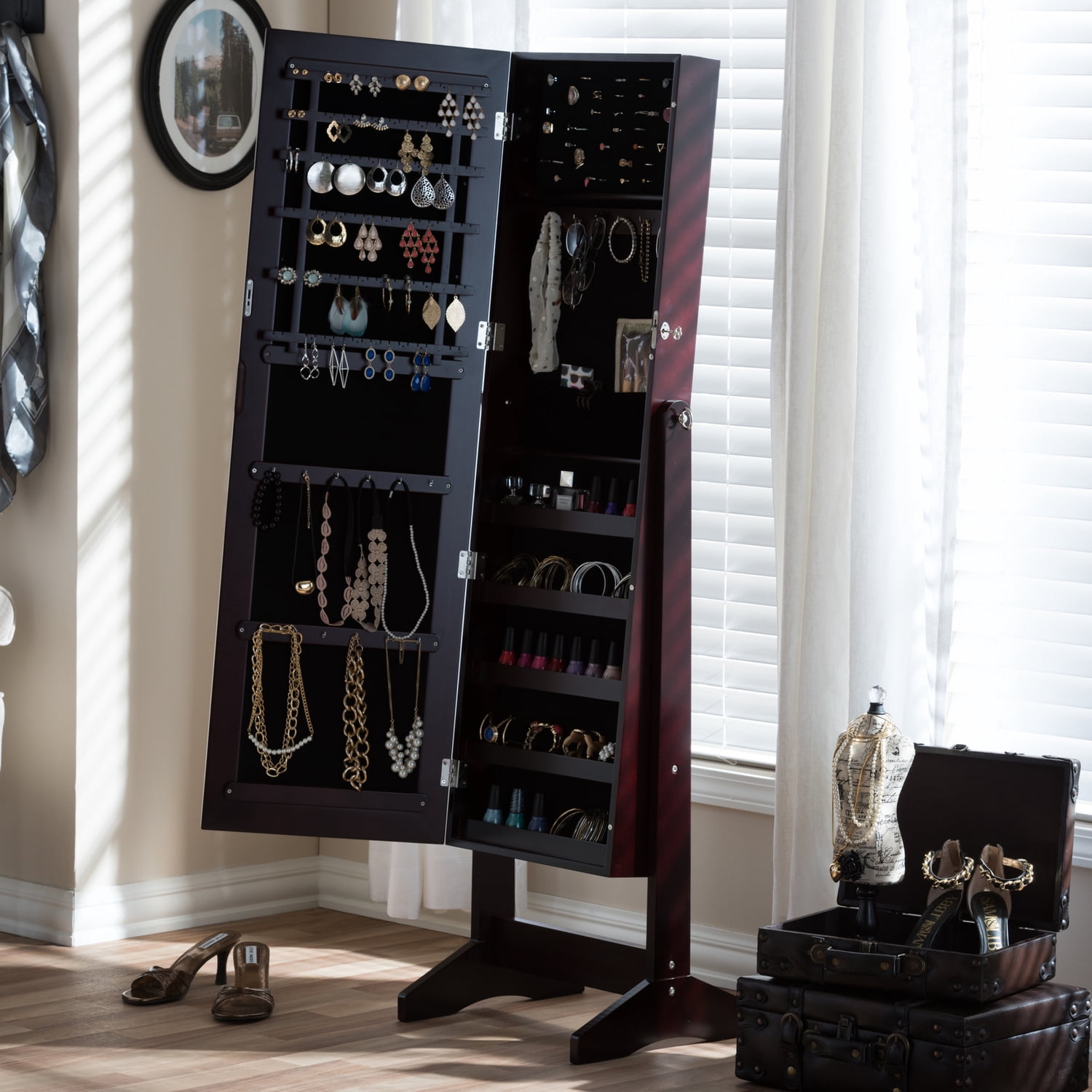 Alena Brown Finishing Wood Free Standing Cheval Mirror Jewelry Armoire