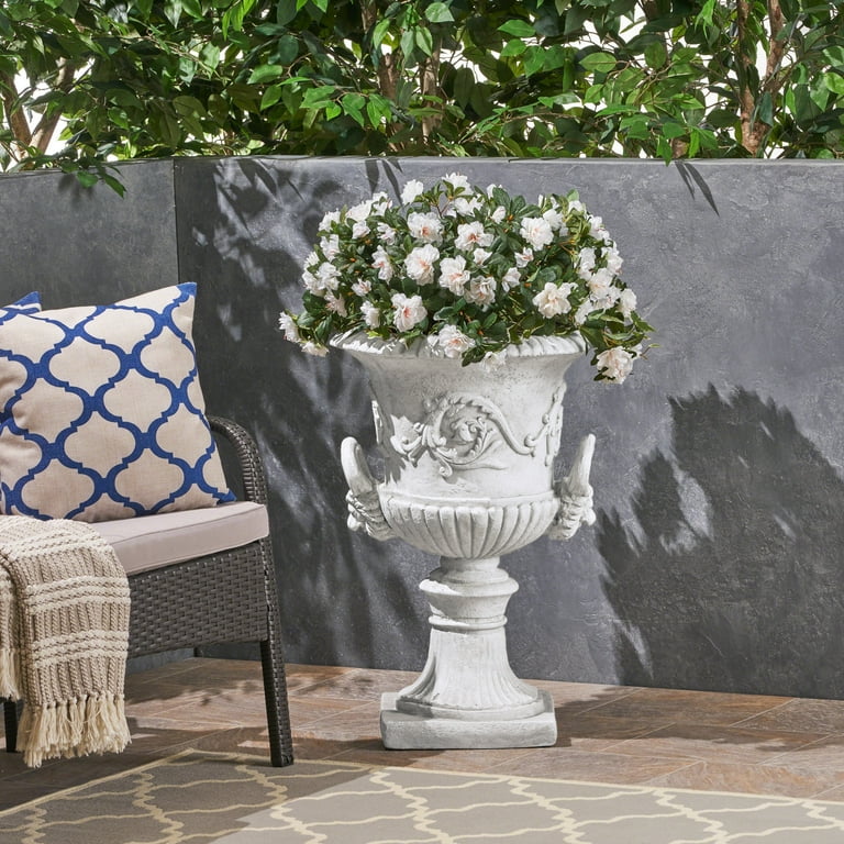 Egypt Outdoor Light Weight Concrete Chalice Garden Urn Planter, Antique White Egypt Outdoor Light Weight Concrete Chalice Garden Urn Planter, Antique White