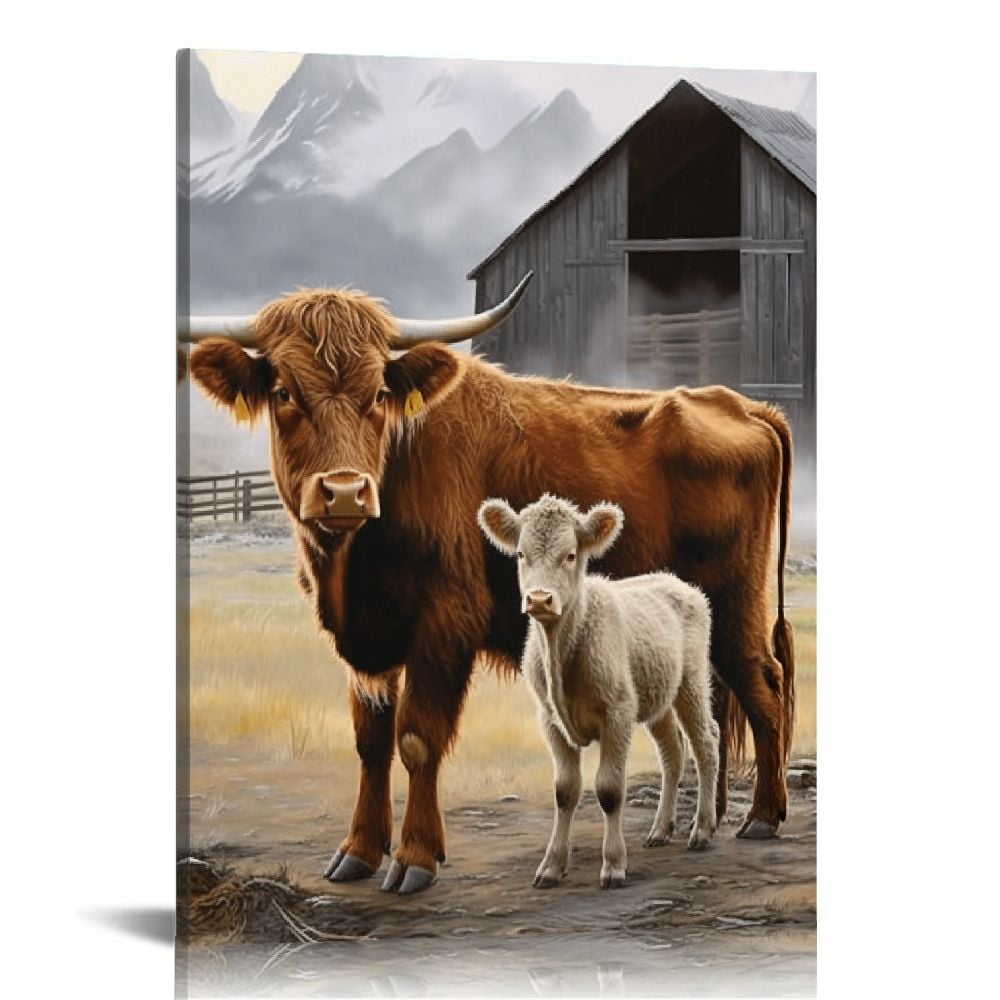 Alepadnf Cow and Calf Canvas Wall Art for Living Room Bedroom Home