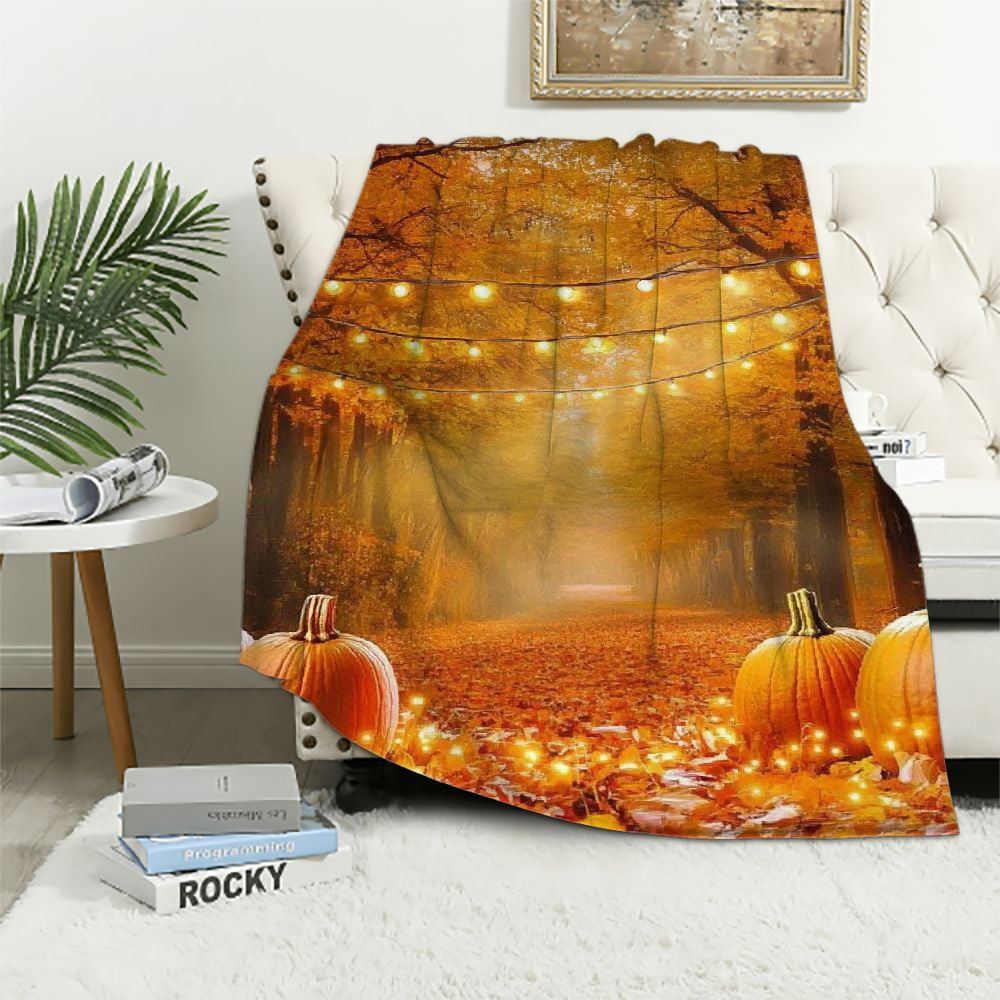 Alepadnf Pumpkins Lights Autumn Flannel Blanket for All Seasons Soft